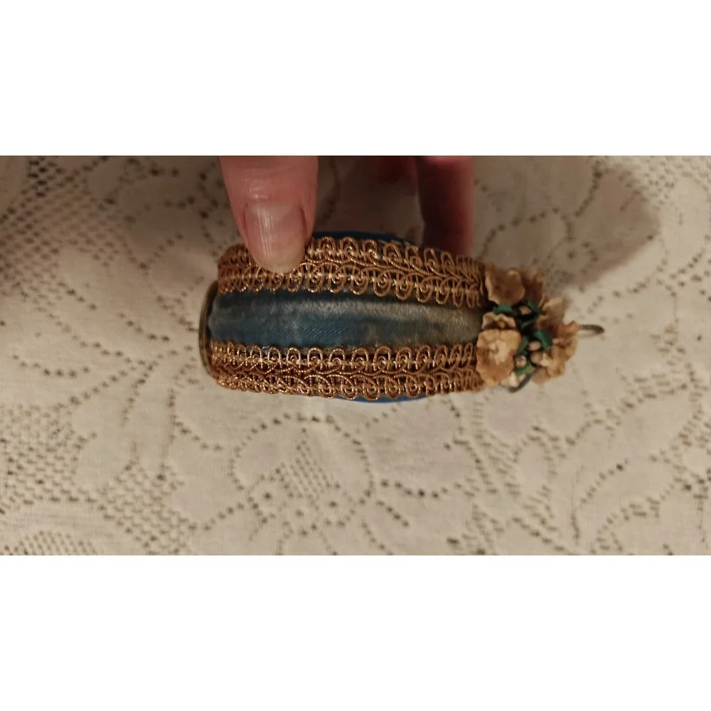 Vintage Blue  Pincushion With Gold Trim & Flowers